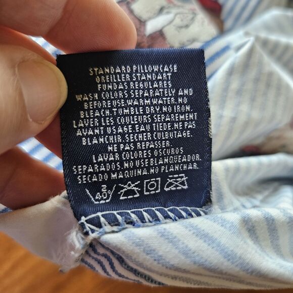VTG Ralph Lauren Polo Bear Blue White Ticking Stripe Pillowcase X2  100% cotton - Picture 4 of 8